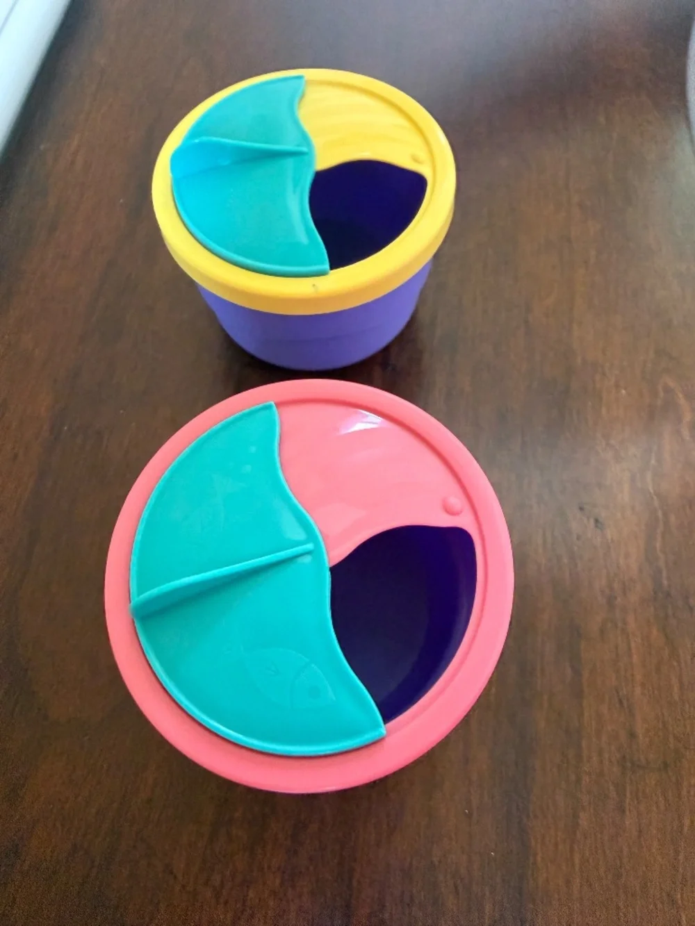Vintage Tupperware Snack Be Nimble Purple Container Cup, Pink, Yellow, Teal Lid